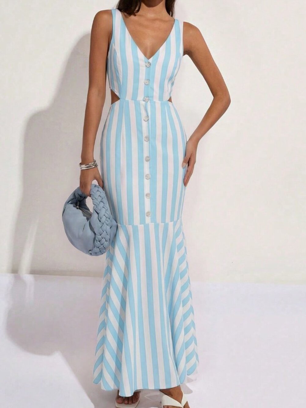 Casual Women's & Striped V-Neck Button detailed Waist Hollow Back Maxi Dress - Picture 3 of 6